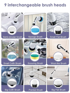 Electric Spin Scrubber Cordless Power Scrubber with 9 Replaceable Brush Heads & Toilet Brush Portable Cleaning Brush, 2 Speeds, Adjustable Extension Arm, Power Scrubbers for Floors, Tub, Tile