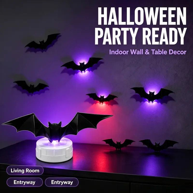 3D Bat Light LED Decorations, 12pcs/24pcs Halloween Spooky Ornaments, Bendable Wall Stickers with Smooth Bubble-Free Application, Easy Install Battery Powered Glowing Decor, Indoor Decor for Home, Party, Window, Door, Festival