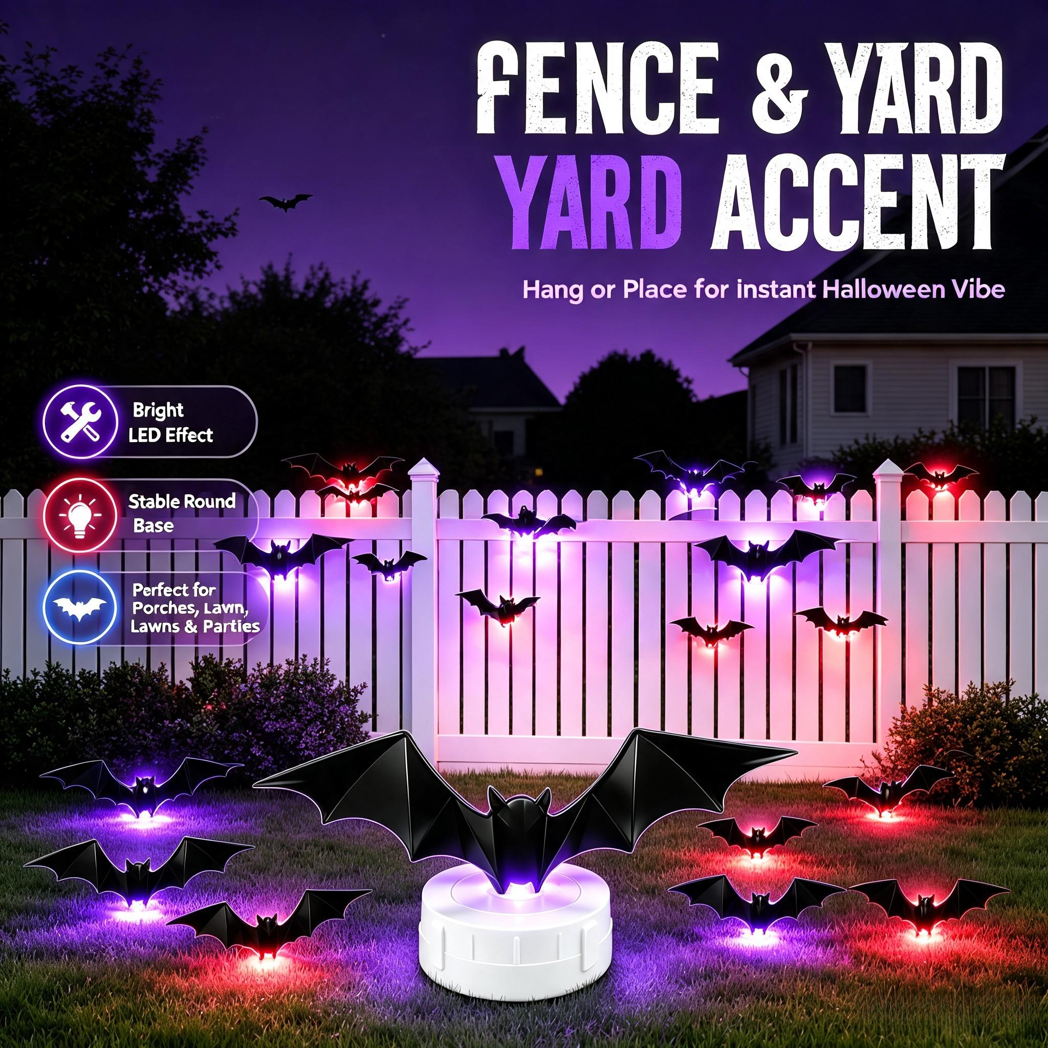 3D Bat Light LED Decorations, 12pcs/24pcs Halloween Spooky Ornaments, Bendable Wall Stickers with Smooth Bubble-Free Application, Easy Install Battery Powered Glowing Decor, Indoor Decor for Home, Party, Window, Door, Festival