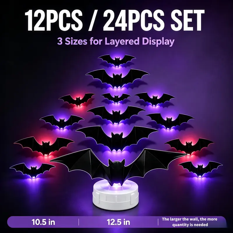 3D Bat Light LED Decorations, 12pcs/24pcs Halloween Spooky Ornaments, Bendable Wall Stickers with Smooth Bubble-Free Application, Easy Install Battery Powered Glowing Decor, Indoor Decor for Home, Party, Window, Door, Festival