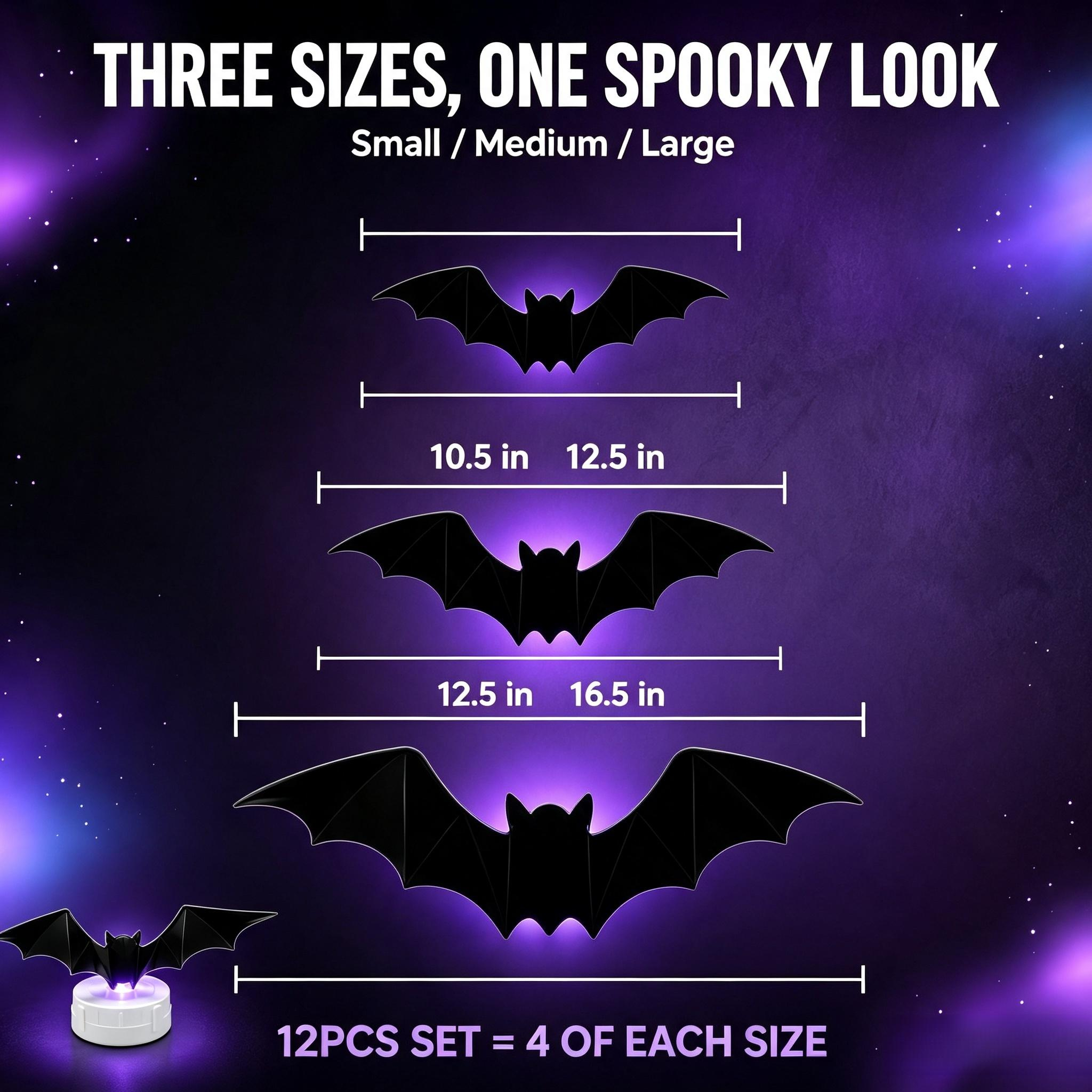 3D Bat Light LED Decorations, 12pcs/24pcs Halloween Spooky Ornaments, Bendable Wall Stickers with Smooth Bubble-Free Application, Easy Install Battery Powered Glowing Decor, Indoor Decor for Home, Party, Window, Door, Festival