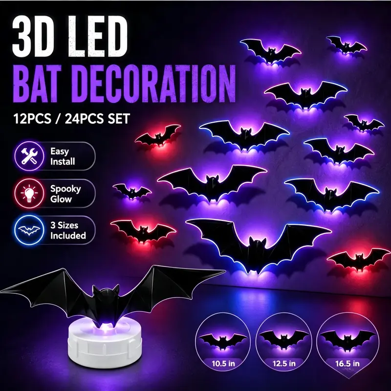 3D Bat Light LED Decorations, 12pcs/24pcs Halloween Spooky Ornaments, Bendable Wall Stickers with Smooth Bubble-Free Application, Easy Install Battery Powered Glowing Decor, Indoor Decor for Home, Party, Window, Door, Festival