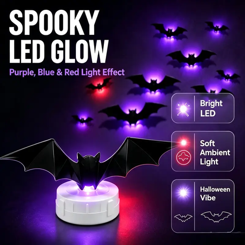 3D Bat Light LED Decorations, 12pcs/24pcs Halloween Spooky Ornaments, Bendable Wall Stickers with Smooth Bubble-Free Application, Easy Install Battery Powered Glowing Decor, Indoor Decor for Home, Party, Window, Door, Festival
