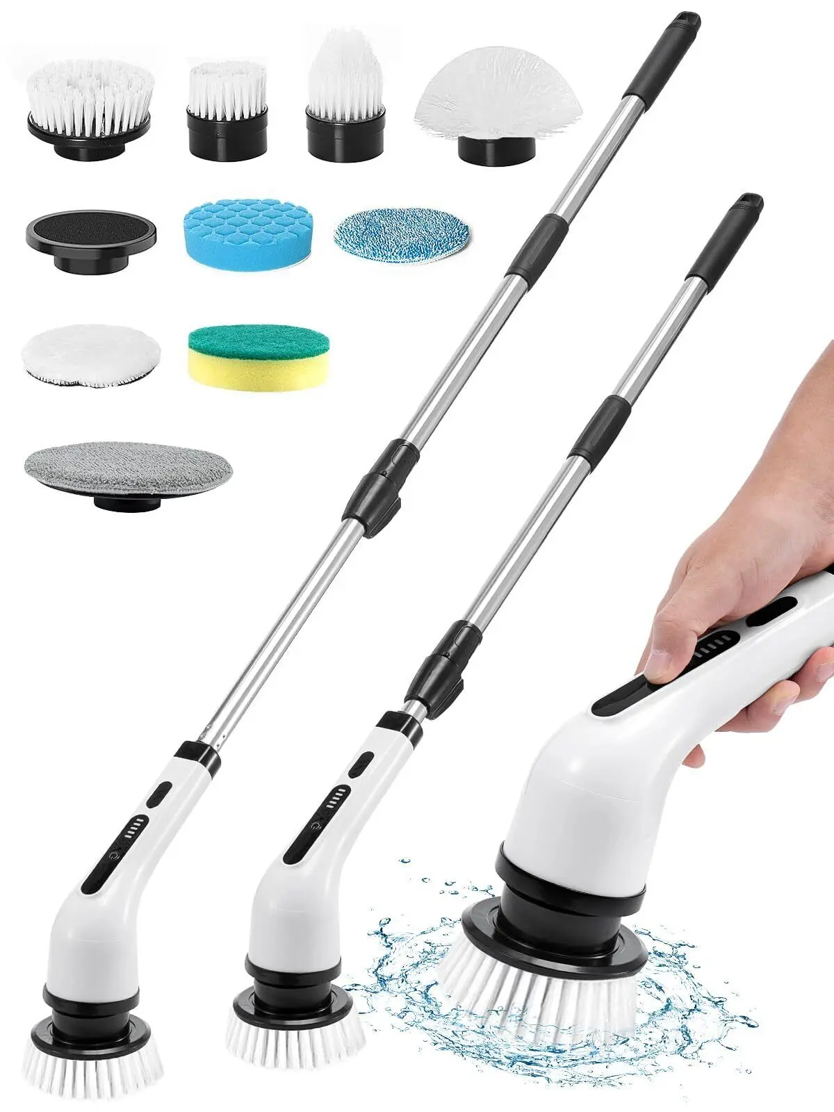 Electric Spin Scrubber Cordless Power Scrubber with 9 Replaceable Brush Heads & Toilet Brush Portable Cleaning Brush, 2 Speeds, Adjustable Extension Arm, Power Scrubbers for Floors, Tub, Tile