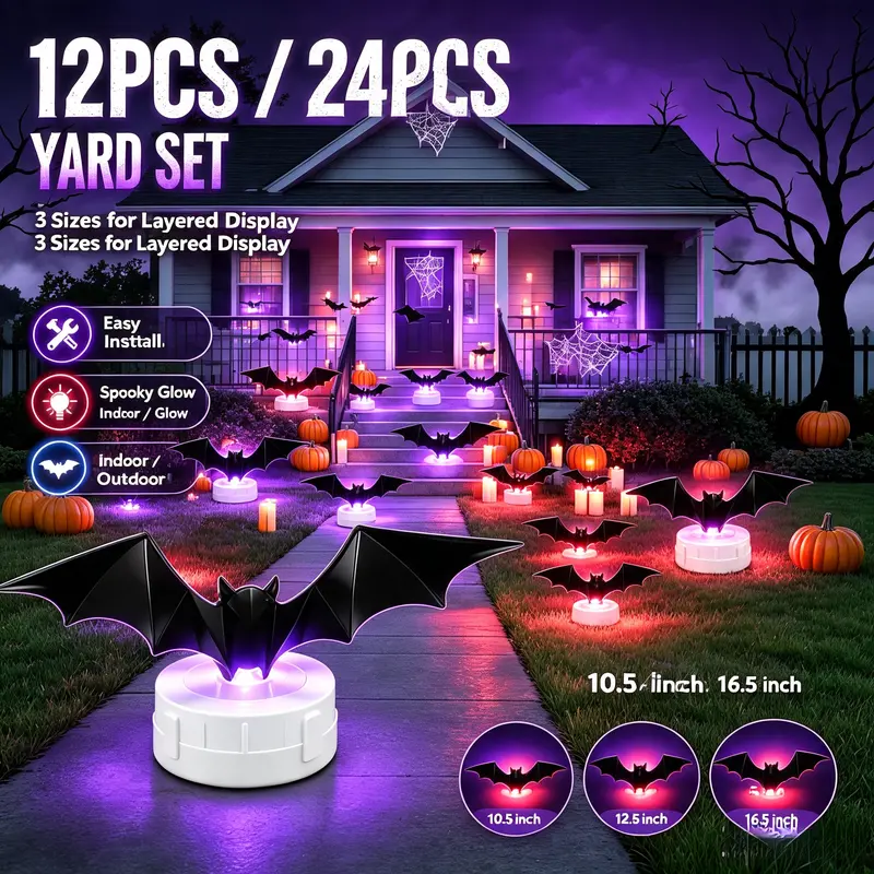 3D Bat Light LED Decorations, 12pcs/24pcs Halloween Spooky Ornaments, Bendable Wall Stickers with Smooth Bubble-Free Application, Easy Install Battery Powered Glowing Decor, Indoor Decor for Home, Party, Window, Door, Festival